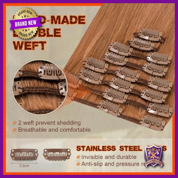 Clip-in Human Hair Extensions, 16 Inch Straight, 8 Piece Full Head Set